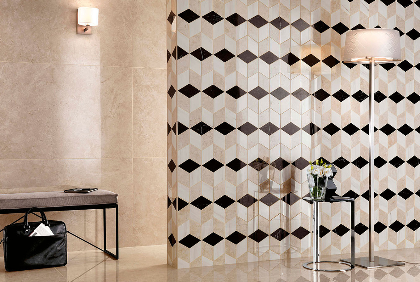 Керамогранит Marvel Cream Prestige Lappato 75x150, Мозаика Marvel Mosaico Esagono Geo Warm Lappato 24,5x35,2